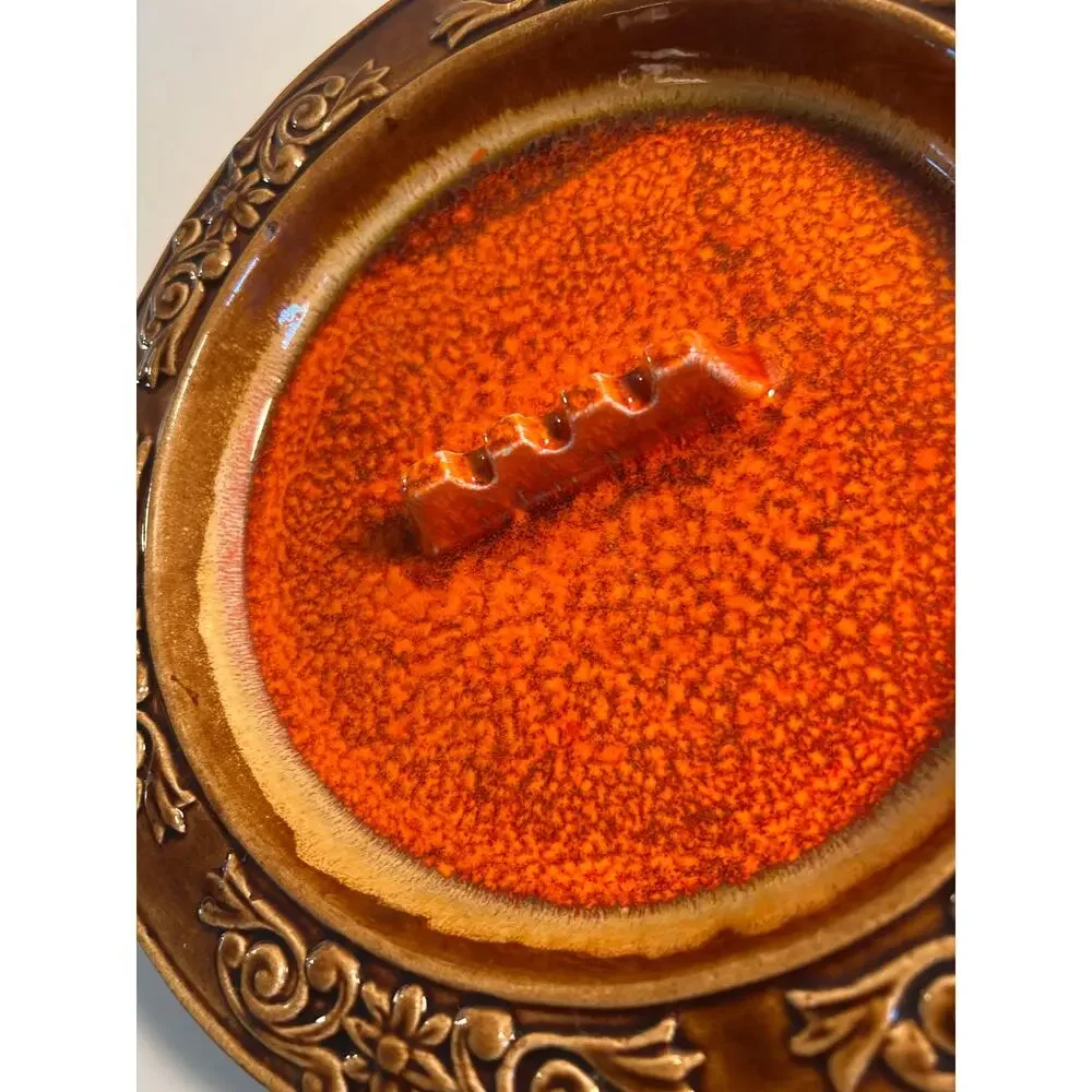 Art Deco Lane Ceramics MCM Ashtray Orange Lava Glaze Calif Pottery Vtg 60s Retro